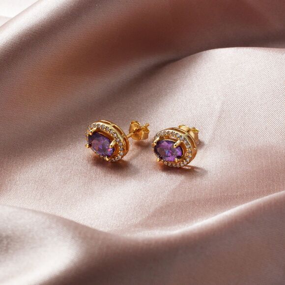 925 Sterling Silver CUBIC ZIRCONIA STUDS, Purple Stone Stud Earrings - Picture 1 of 10